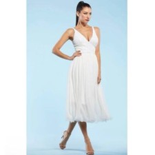 Dress The Population Women's Tracy Plunging Sequin Bodice Tea Length White Dress