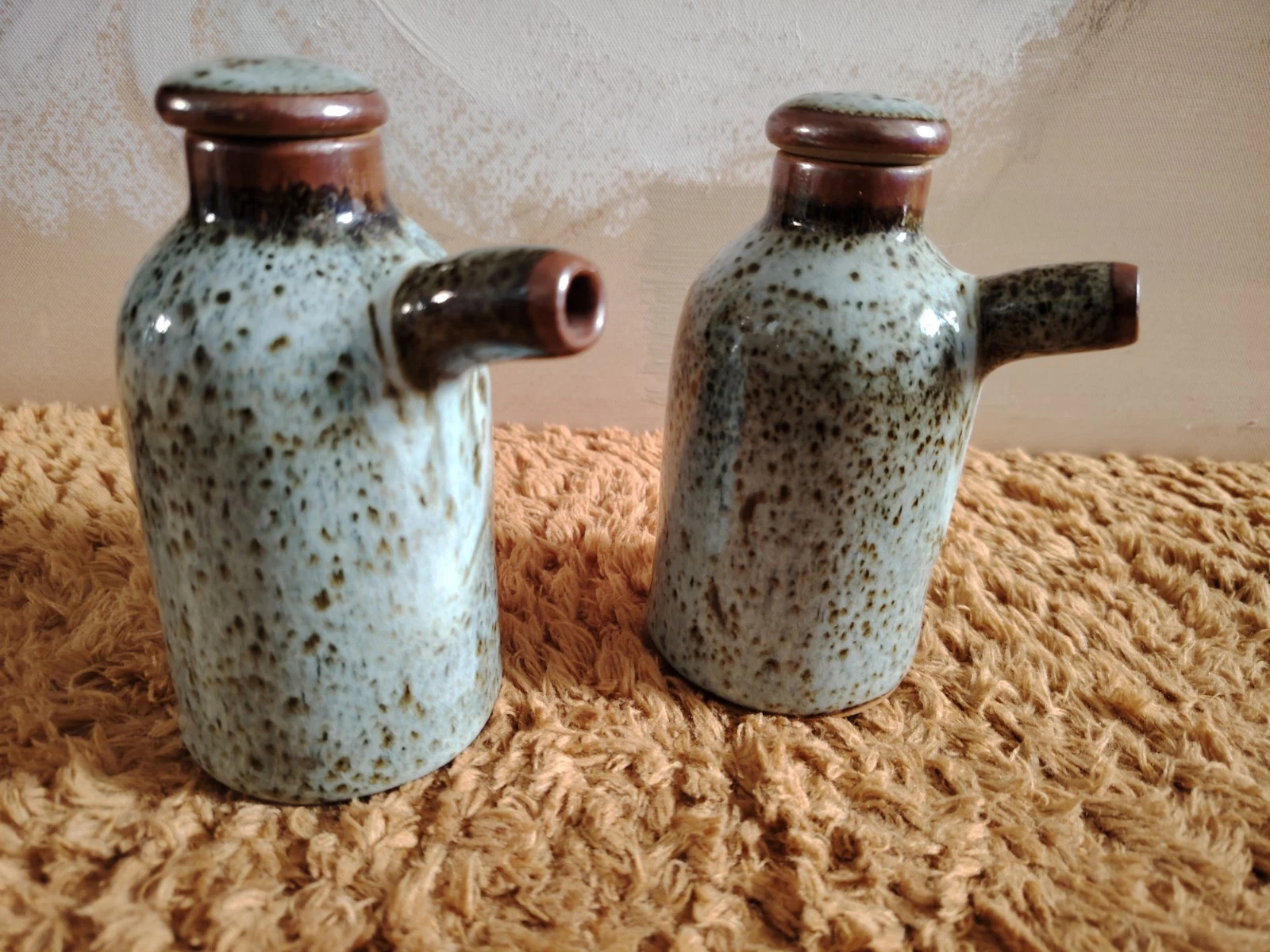Pair Of Handmade Rustic Ceramic Olive Oil Bottle, Soy Sauce Dispensers