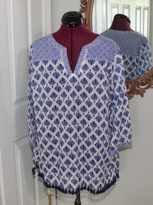 Talbots Woman Blue White 100% Cotton Tunic Geometric Print Tasseled Hem Top 1X