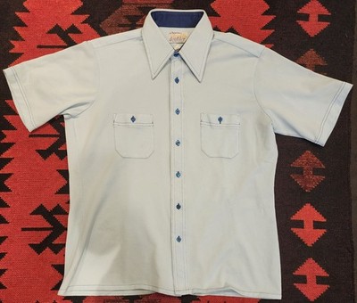 Vintage Arrow Doubler Men's Lt Blue Short Sleeve Button-Up Shirt Navy Stitch Poc