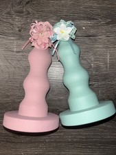 Vintage Set of Two Turned Wood Candlestick Holders 7in Tall Mauve, Tealish Green