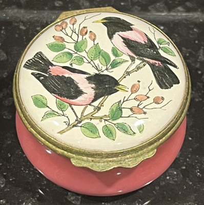 Bilston & Battersea Enamels Trinket Box Halcyon Days Pink w/ Birds on a Branch