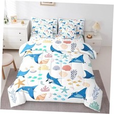 7Pcs Comforter Set with Sheets, Blue Manta Ray Sea Life Queen Blue and Teal