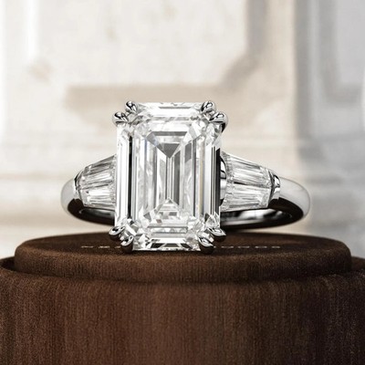 5 Ct Emerald E VVS2 Lab Grown Diamond Unique Three Stone Style Engagement Ring