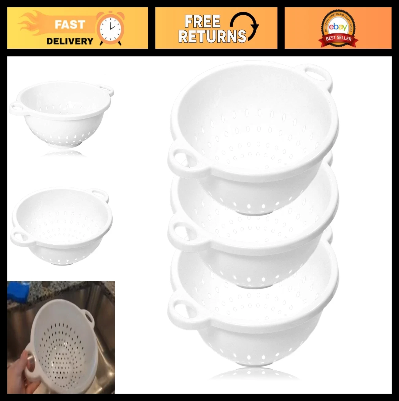 5-Quart White Colander Set - 11" x 5" Kitchen Strainer, 3-Pack for Cooking & Bak