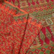 Indian Vintage Sari Orange 100 Pure Silk Printed Saree Craft Fabric 6yd Sewing