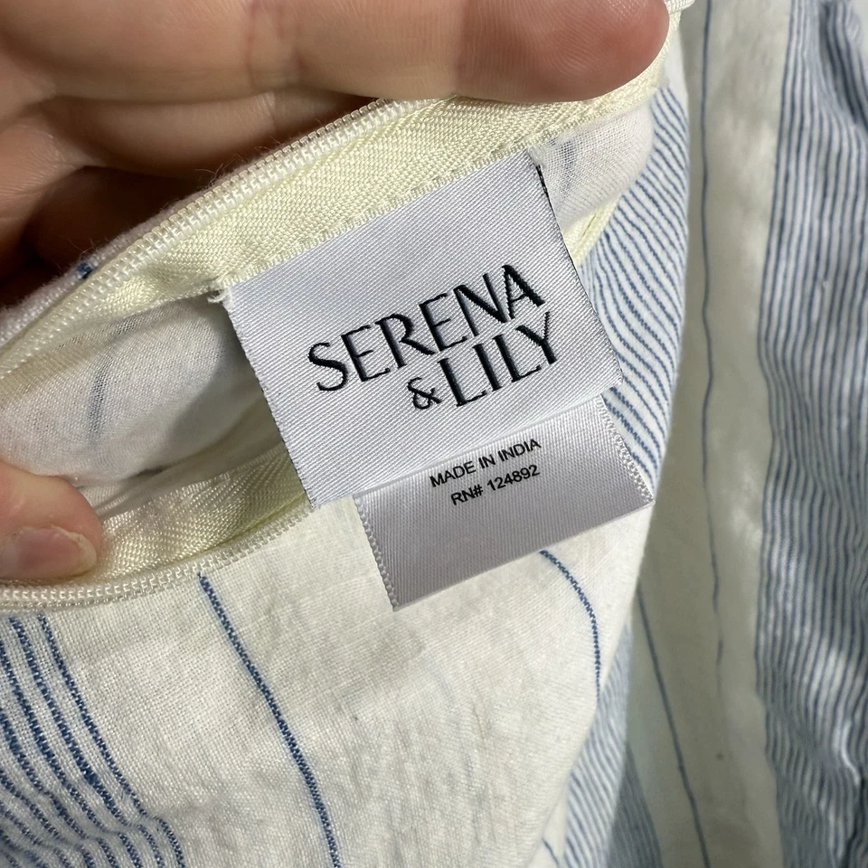 Serena Lily Throw Pillow Cover 100% Linen Square White With Blue Stripes - Image 3 of 4