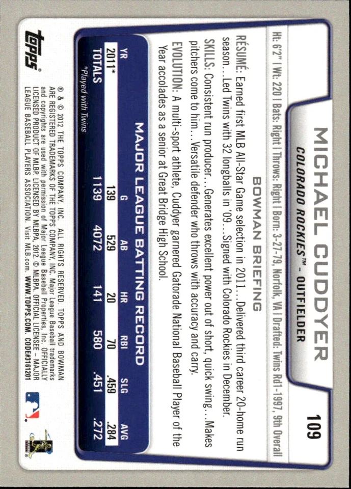 2012 Bowman #109 Michael Cuddyer [GOATCARDS] - Image 2 of 2