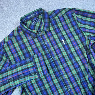 William Murray Shirt Mens XL Blue Green Plaid Long Sleeve Button Up Golf Stretch