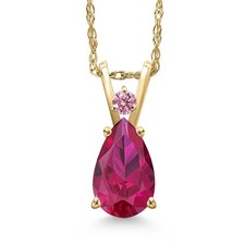 14K Yellow Gold Created Ruby and Pink Lab Grown Diamond Pendant Necklace for