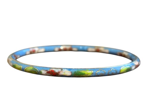 Vintage Chinese Oriental Enamel Cloisonne Light Blue Floral Thin Bangle Bracelet - Picture 6 of 10