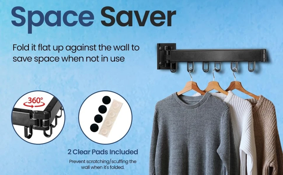 Estante de secado de ropa plegable montado en la pared - Ahorro de espacio Lavandería de alta resistencia H... Foto 3 de 4