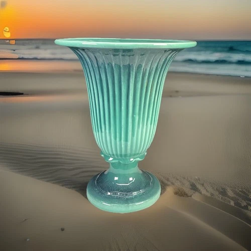 Rare VTG 1930s Deco Haeger Green Ribbed Ceramic Pedestal Bass Vase