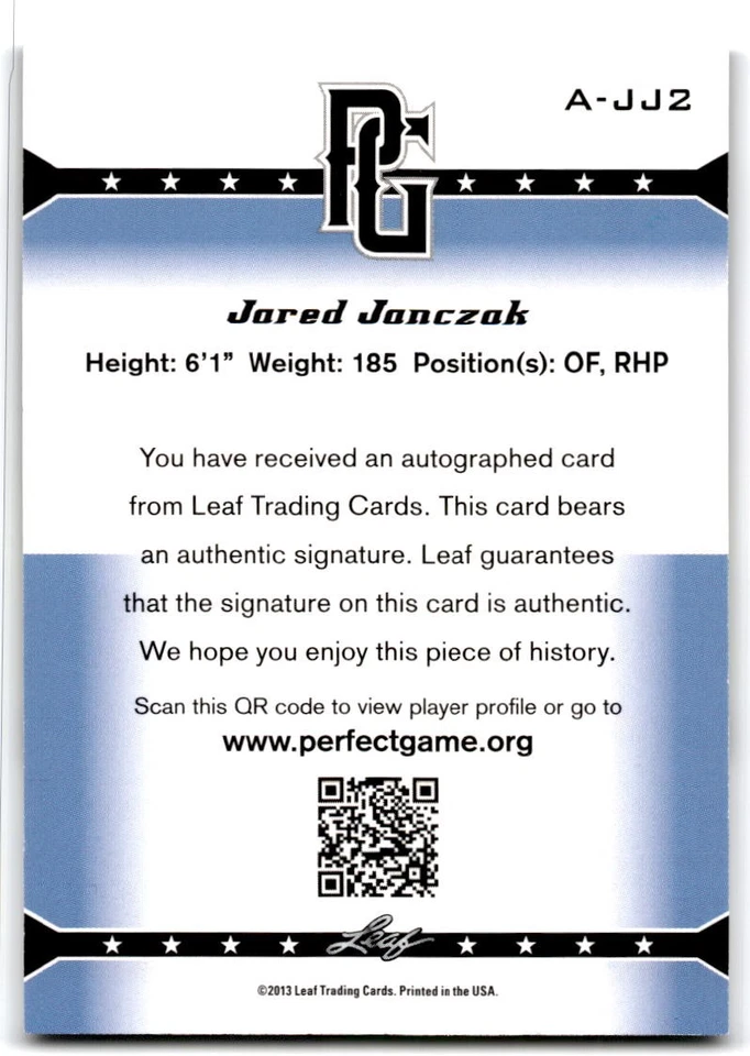 2013 Leaf Perfect Game #A-JJ2 Jared Janczak Auto - Image 2 of 2