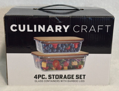 Culinary Craft NIB  Glass Storage & Bamboo Lids 4 Pc Storage Set