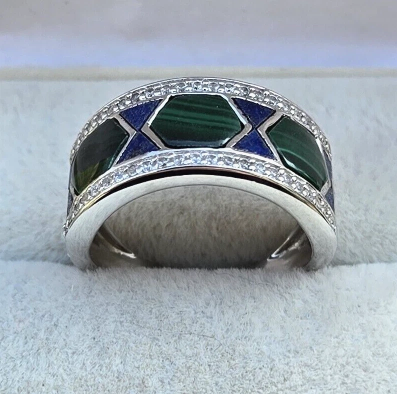 Anillo de plata esterlina sobre rodio 0,45 ctw para hombre lapislázuli/malaquita/circón, talla 9,5 Foto 2 de 4