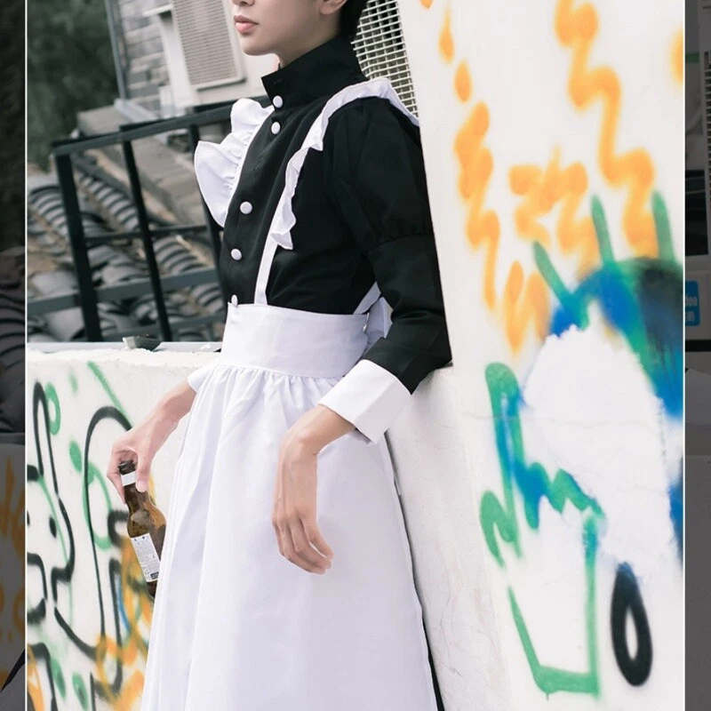 Men Women Maid Dress Gothic Ruffle Long Sleeve Waitress Cosplay Lolita  Sissy New