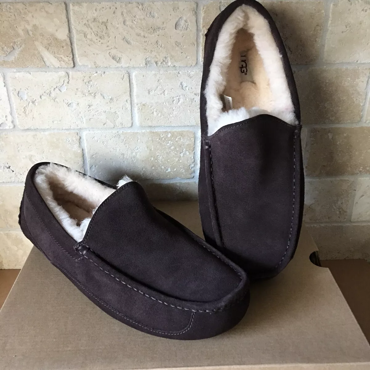 UGG ASCOT ESPRESSO BROWN SUEDE SHEEPSKIN SLIPPERS MOCCASINS SHOES