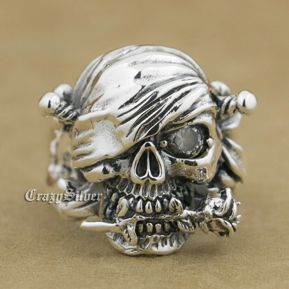 White CZ 925 Sterling Silver Pirate Skull Rose Ring Punk Jewelry