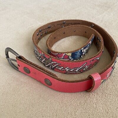 Ed Hardy XS Leather Belt Pink Rhinestones Embroidered Tattoo Ed Hardy XS Leather Belt Pink Rhinestones Embroidered Tattoo
