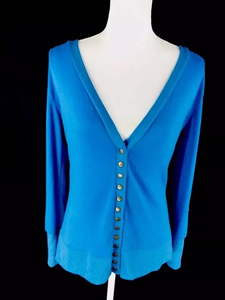 Nenona V Neck Snap Button Cardigan Sz S Small Blue Long Sleeve