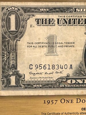 1957 ONE DOLLAR SILVER CERTIFICATE W Cert Of Authenticity & Folder
