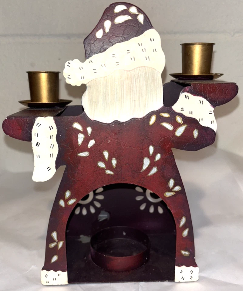 Suporte de vela PartyLite Old St Nick Tealight lata vermelho escuro marfim decoração de Natal - Imagem 3 de 4