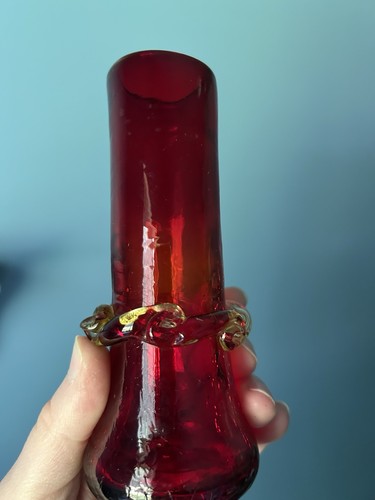 Vintage Red Crackle Glass Bud Vase With Amber Yellow Ribbon Ruffle Band 5.5” - Picture 7 of 9