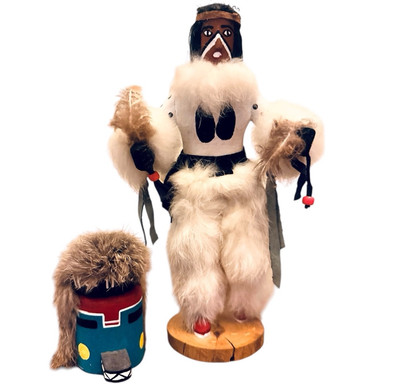 Vintage Indianer Navajo Kachina Puppe mit abnehmbarer Maske Fell & Federn 13 Zoll