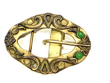 ART NOUVEAU ANTIQUE VICTORIAN BRASS GOLD GREEN CABOCHON STONES BUCKLE SASH