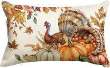 Thanksgiving Turkey Throw Pillow Cover, 12 X 20 Inch Pumpkin Leaves Harvest Holi