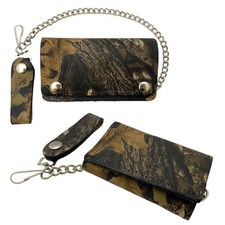 Camouflage Leather Trucker Wallet w/ Chain - Trifold Snap Biker Wallet