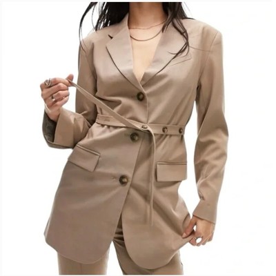 TopShop Belted Jacket Long Blazer 10 NWOT Tan Khaki Jacket Women's Academia Corp