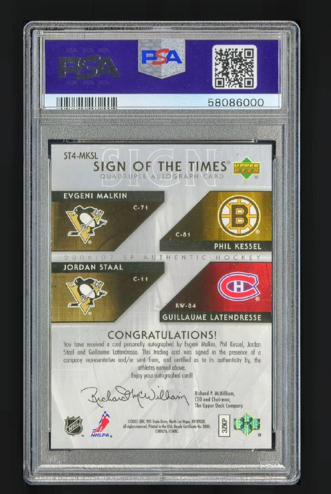 2006 Sp Authentic Evgeni Malkin, Phil Kessel, Jordan Staal, Auto /10 PSA 8, Pop1 - Image 2 of 2