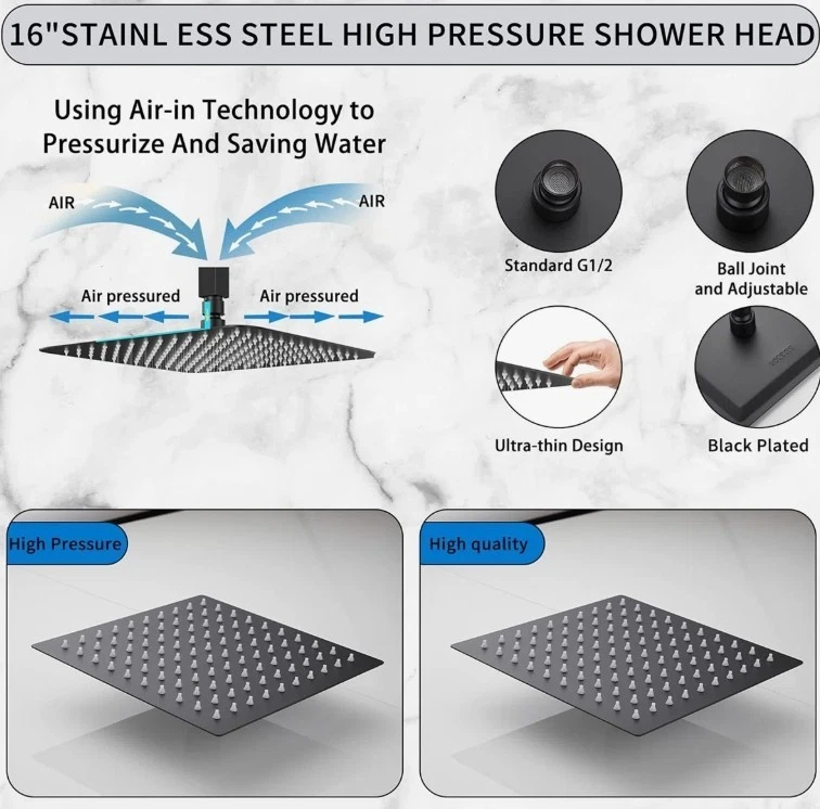 Oversize Rain Shower Head - High Flow Square Rainfall Showerhead - Waterfall