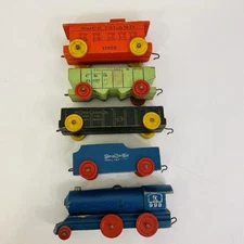 Vintage Strombecker Wood Train 5 Pc Set Engine Caboose Rock Island Penn C&O