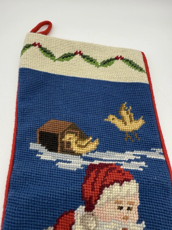 Needlepoint Christmas Stocking Blue Wool Santa Reindeer Red vintage - Image 3 of 4