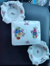 Victoria Czechoslovakia #1789 Cigarette Box & 2 Ashtrays Floral Porcelain Set