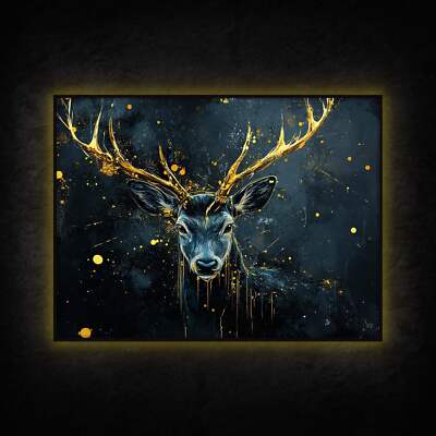 LED Leuchtbild - Hirsch Gold - Leuchtendes Wandbild mit Rahmen - Made in Germany