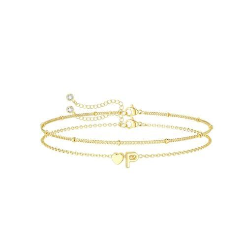 Initial Heart Gold Bracelets for Women Teen Girls 14K Gold Plated Dainty Layered