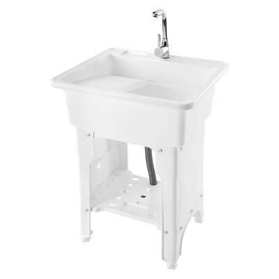 Freestanding Utility Sink Laundry Tub Wash Bowl Basin Hot &Cold Faucet Washboard