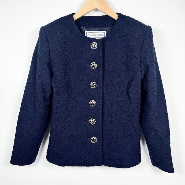YVES SAINT LAURENT giacca senza colletto tweed lana bottoni oro blu navy taglia S vintage