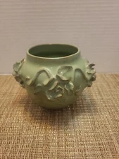 Green Pottery Planter With Rose Embellishments Signed