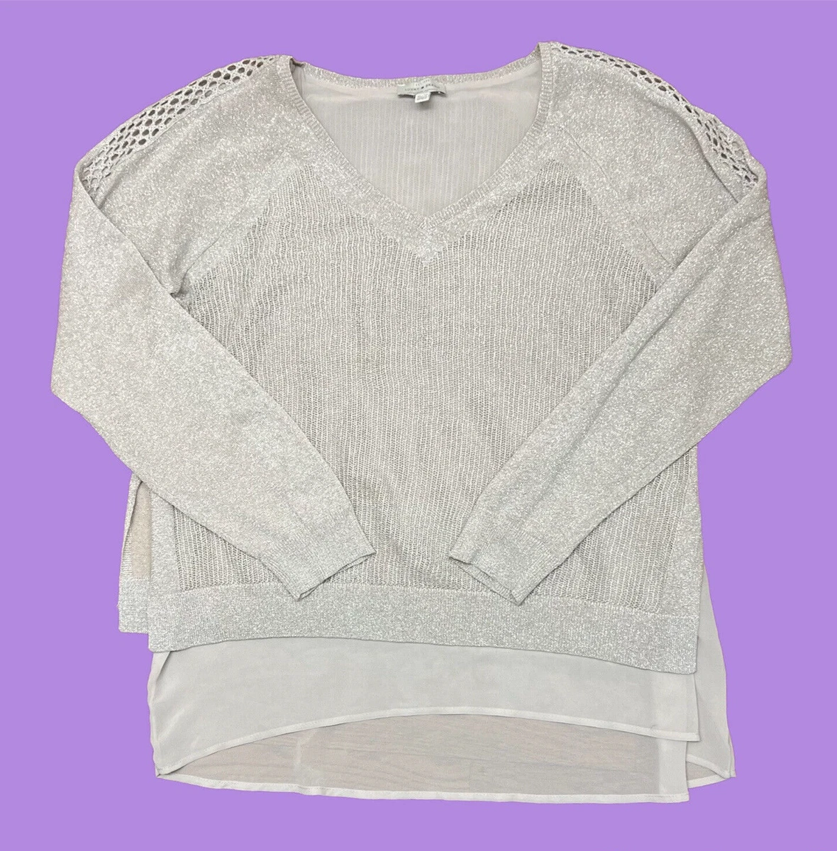 Lucky Brand Knit Blouse Women's XL Gray Layered V-Neck Long Sleeve Pullover Top