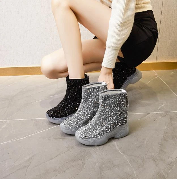 Mujer Plataforma Botines Invierno Moda Polar Lentejuelas Cremallera Trasera Zapatos 2025 Foto 4 de 4