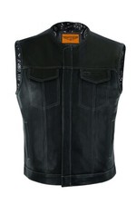Men's Black Leather Vest Motorcycle White Paisley Lining Custom Waistcoat