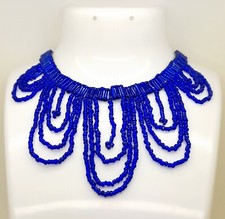 C001 Handmade Blue seed bead victorian style choker necklace vintage jewelry