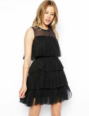black tiered tulle dress Black Belt Tiered Tulle Tea-Length Slip Party Dress main image 1