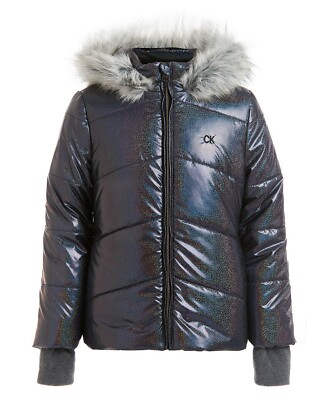 New Calvin Klein Big Girls Metallic Chevron Puffer Hooded Jacket