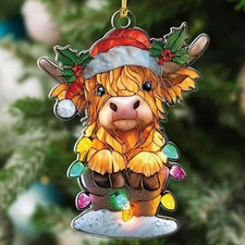 Cute Highland Cow Pendant for Christmas, Acrylic Farm Animal Holiday Ornament